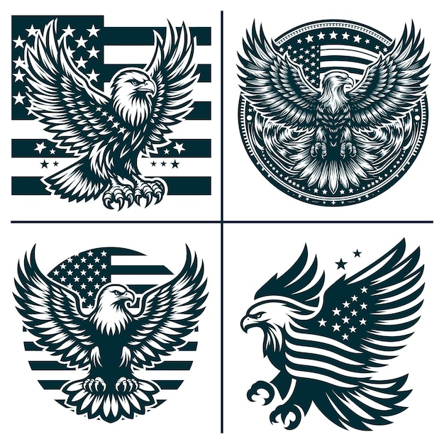 three black and white images of a eagle with a flag in the middle