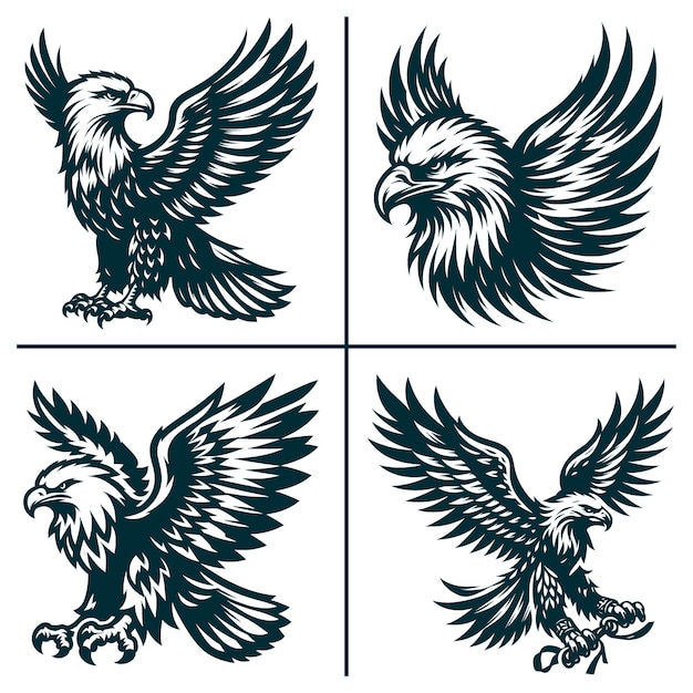 three black and white images of a eagle with a symbol that sayseagle