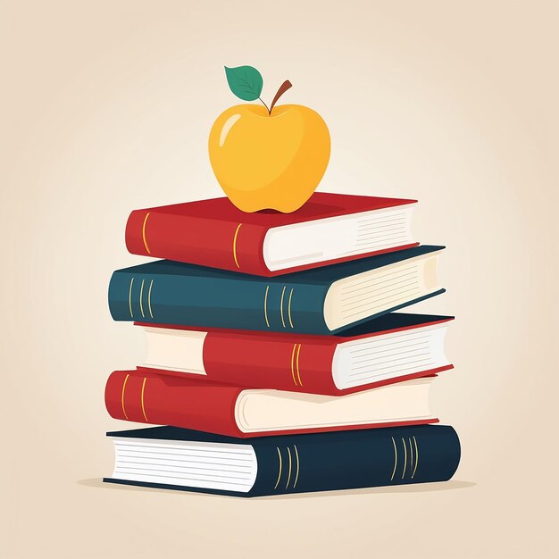 Vector three books lie on top of each other textbooks and an apple a stack of books