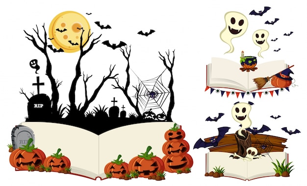 Three books with halloween scenes