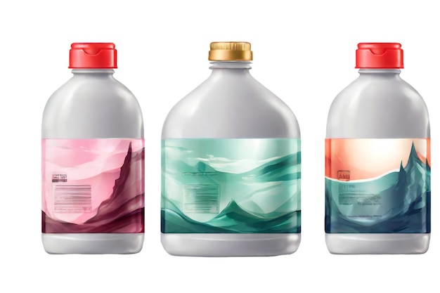 three bottles of different colors are shown in a row