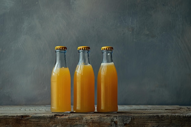 three bottles of orange juice sit on a wooden table