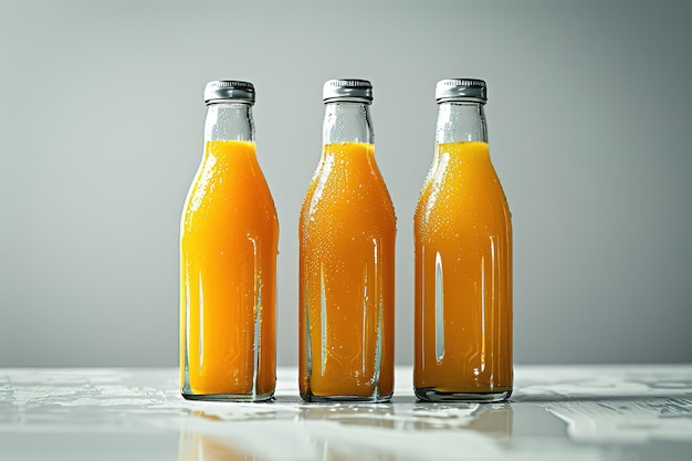 three bottles of orange liquid are on a table