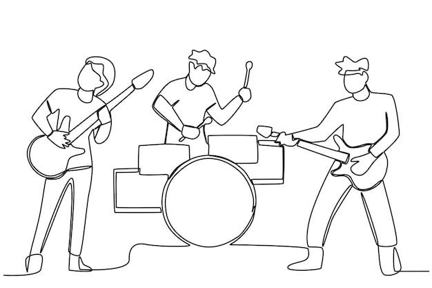 Vector three boys playing musical instruments music band oneline drawing