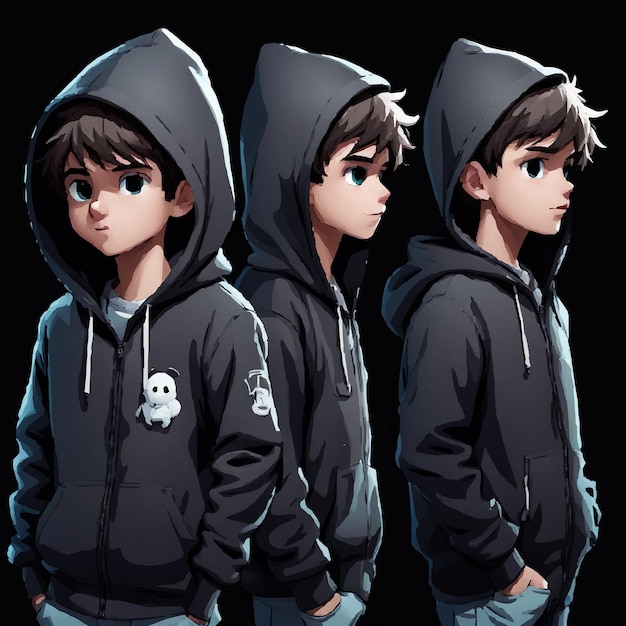 Three boys wearing jackets with one wearing a hoodie and one has a hoodie on