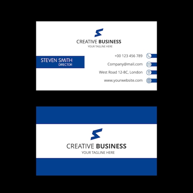 three business cards with a blue and white logo on the right side