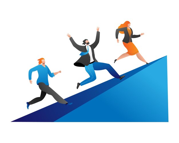 Vector three businesspeople run up an incline in dynamic poses showing determination corporate race career growth and competition concept vector illustration