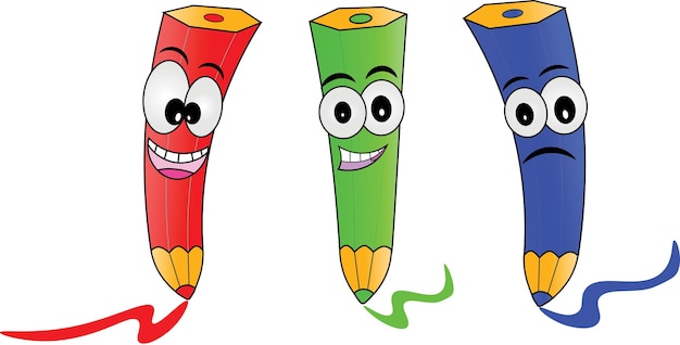 Three Cartoon Character Color Pencils Red Green and Blue Vector Illustration