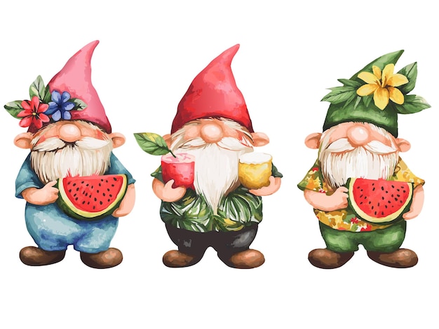 three cartoon characters with watermelon and watermelon