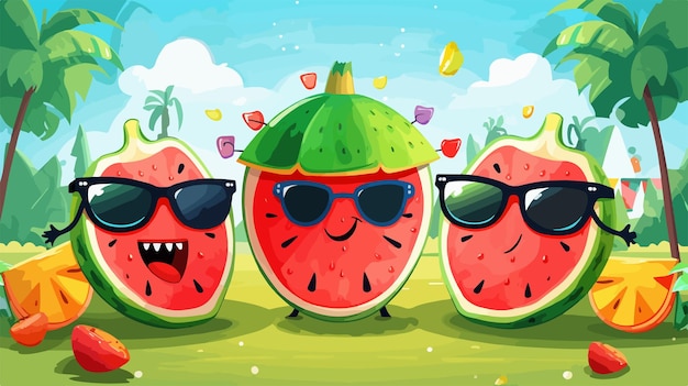 Vector three cartoon faces of three different kinds of watermelon