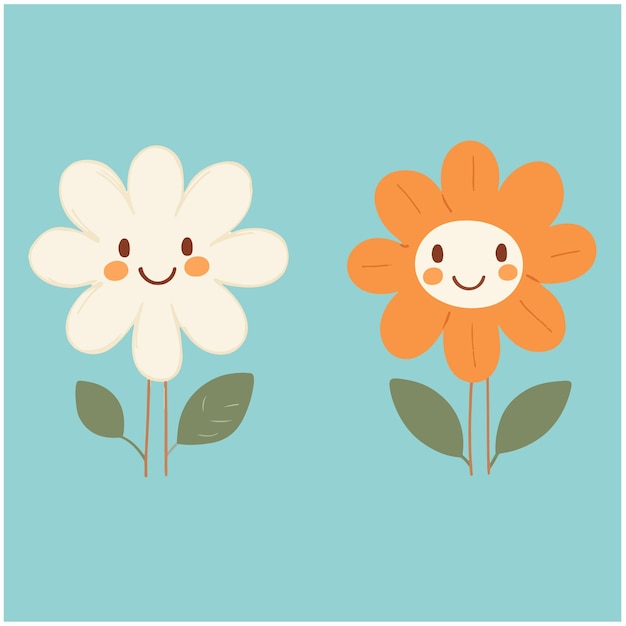 Vector three cartoon flowers with one that says daisy