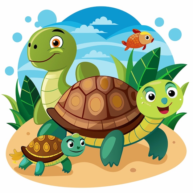 Vector three cartoon turtles and a fish in a pond scene