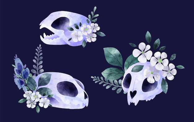 Three cat skull with flowers cute cartoon drawing