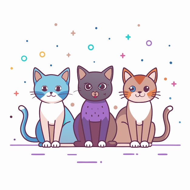 Vector three cats are sitting on a floor and one has a purple sweater on it