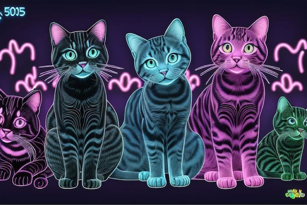 three cats are sitting in a row one is purple and the other is a black and purple cat