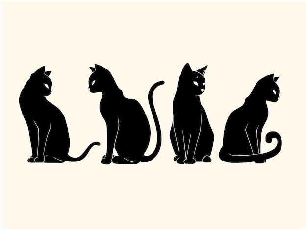 three cats are on a white background with a black cat on the right