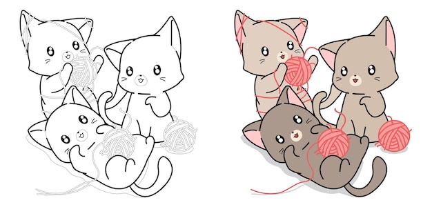 Three cats playing with yarn balls cartoon coloring page for kids