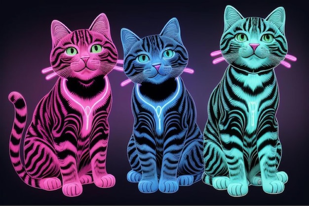 three cats with different colors and one has a pink and blue striped cat on the front