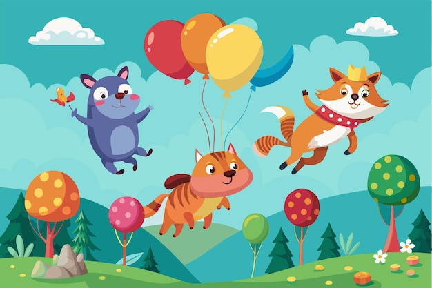 Vector three cheerful animals float happily in the sky held up by colorful balloons amidst a vibrant sunny landscape filled with trees and flowers