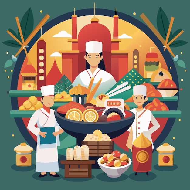 Vector three chefs stand in front of a traditional asian building a pot of food in front of them