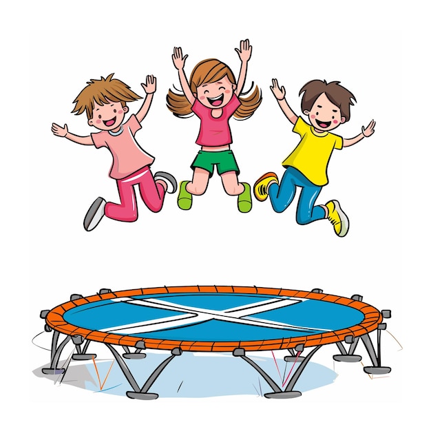 Vector three children jumping trampoline happy excited wearing casual clothes cartoon kids midair