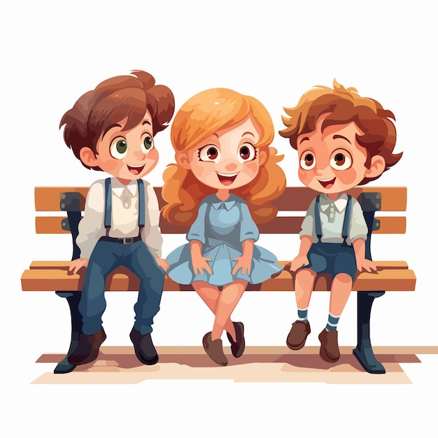 Vector three children sit on a bench with one of them has a picture of three people on it