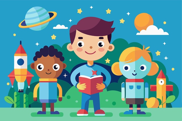 Three children smile while reading a book surrounded by rockets and planets under a bright sky Customizable flat illustration for curious children