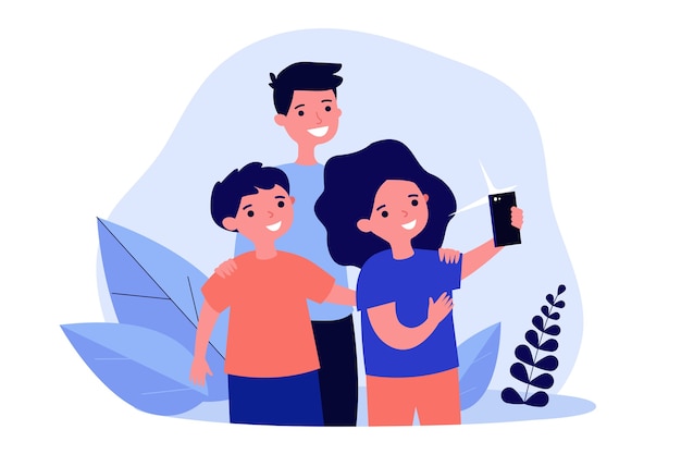 Three children taking selfie on smartphone