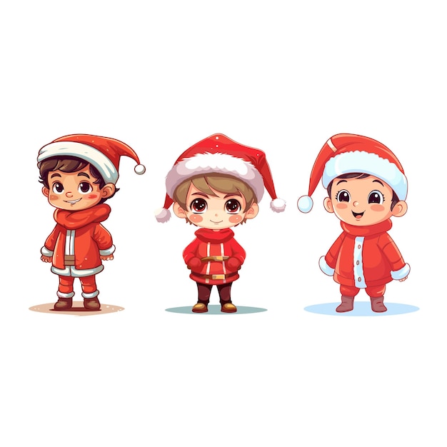 Three children wearing red and white clothing and santa hats