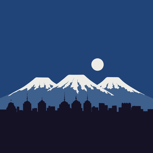 Vector three city view buildings in front of a mountain in japan night view vector illustration