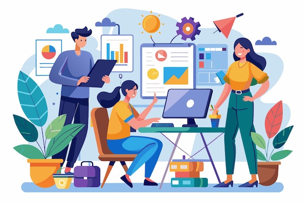 Three colleagues engage in a lively discussion while creating flat illustrations in a vibrant workspace Assist colleagues with flat illustrations