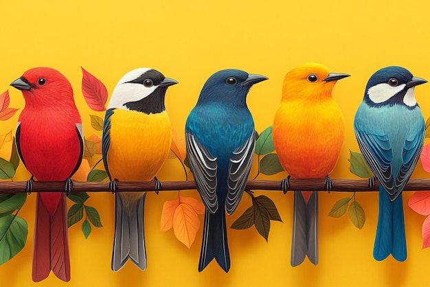 three colorful birds are sitting on a branch with a yellow background