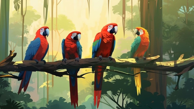 three colorful birds are standing on a branch and one is red blue green and yellow