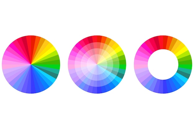 Vector three colorful circular charts on a white background vivid spectrum gradient wheels