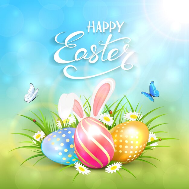 Three colorful Easter eggs with rabbit ears on grass and white flowers Blue nature background with sun beams in corner and lettering Happy Easter illustration