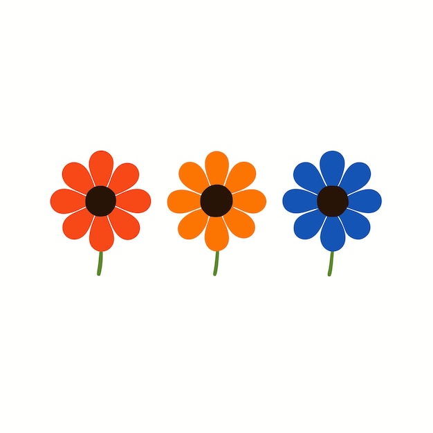 three colorful flowers with different colors one has a black center