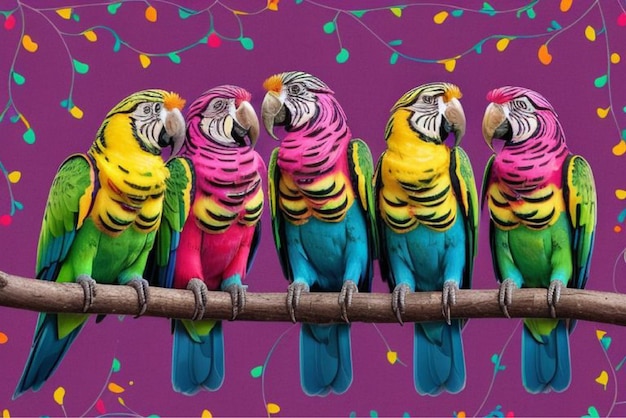 Vector three colorful parrots are on a branch with colorful feathers