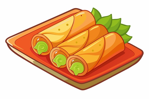 Vector three colorful spring rolls filled with greens are neatly arranged on a bright plate showcasing a delightful culinary creation perfect for a light snack