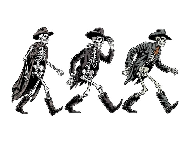 Vector three cowboy skeletons halloween western theme vintage vector art