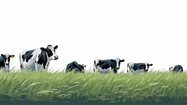 Vector three cows are grazing in a field with a gray background