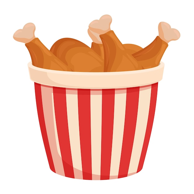 Vector three crispy fried chicken legs in red and white striped bucket