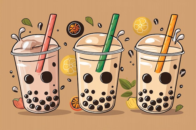 three cups of iced coffee oranges and lemons are shown on a brown background