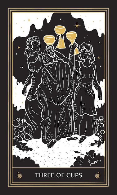 Three of Cups Tarot Card in Minor Arcana with Black Gold and White Hand Drawn Vector Doodle Style