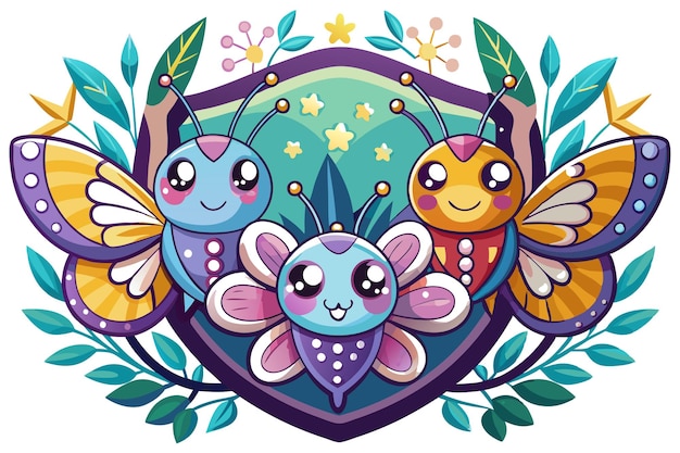 Three Cute Cartoon Butterflies Surrounded by Leaves and Flowers