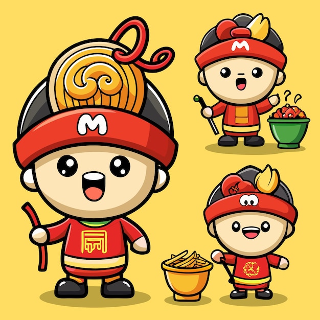 Vector three cute cartoon characters wearing traditional chinese clothing they are all smiling and holding various objects such as a stick a bowl of noodles and a bowl of fries