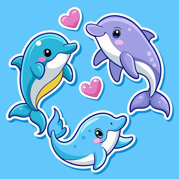 Vector three cute cartoon dolphins with hearts on blue background