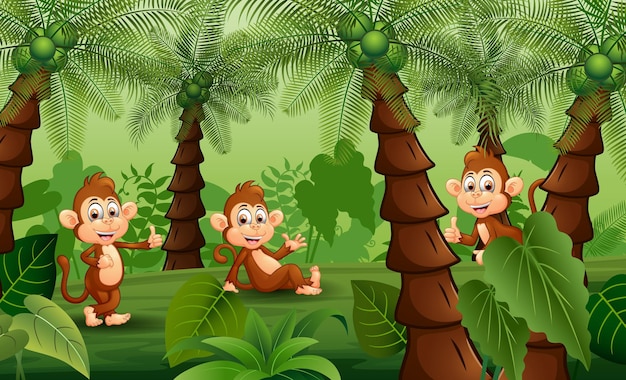 Three cute monkeys in the palm forest illustration