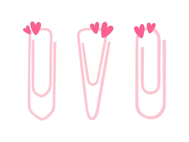 Three cute paper clips with hearts Vector decorative elements for scrapbooking