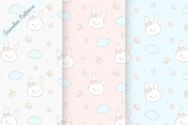 Three cute pastel colors baby bunny seamless patterns set