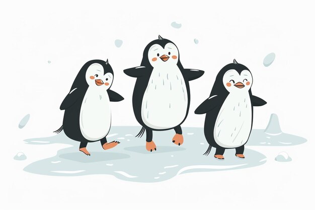 Vector three cute penguins dancing on ice floe